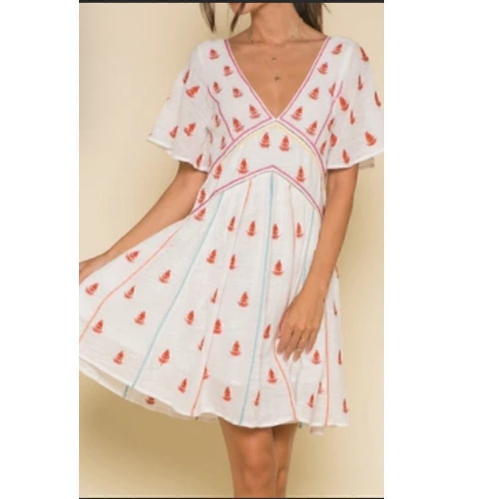 RAGA Ruth Embroidered Tie Back Short Sleeves Mini Dress.Size M
